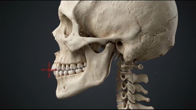 Human skull with red crosshair highlighting teeth, symbolizing dental pain, toothache, or a specific dental issue in dentistry