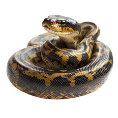 Fototapeta premium Brown and yellow python curled in a resting position on a white background indoors during daylight