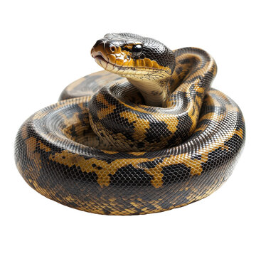 Brown and yellow python curled in a resting position on a white background indoors during daylight