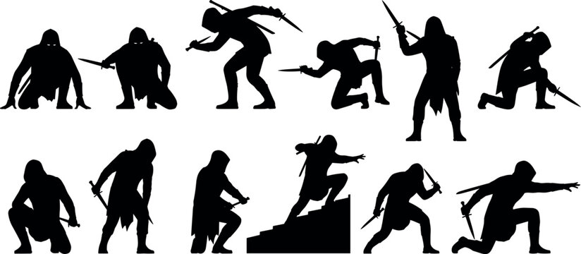 Warrior action silhouettes collection with sword fighting poses dynamic combat scenes and hero character vector illustration set
