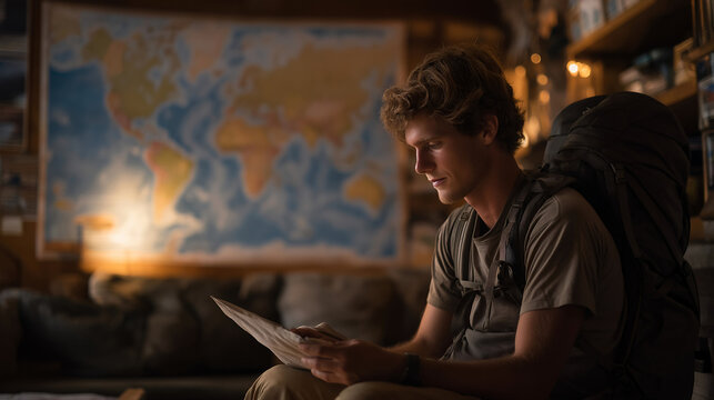 Solo backpacker frantically compares last minute flight apps in hostel common room, world map wall covered in possibilities, packed bag ready for immediate departure, perfect for spontaneous