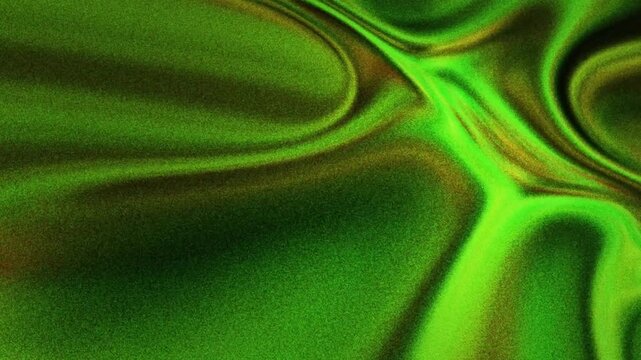 Abstract smooth emerald green liquid silk fabric waving background with grainy texture and luxury glowing light motion graphic effect