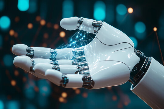 Hand of robotic holding technical support on global networking, troubleshooting solutions, system maintenance, IT assistance, service desk operations, digital performance optimization