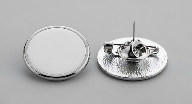 A silver pin with a blank white face and back