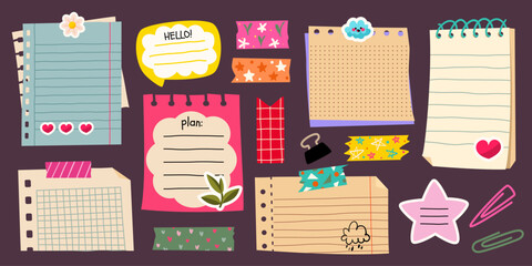 Cute memo paper frames with colorful stickers and doodle elements, cartoon vector set of illustrations. School notebook pages, diary sheets, and decorative tape for kids journals and planners. © klyaksun