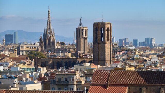 Barcelona skyline with Barcelona Cathedral and Santa Maria del Pi bell tower
