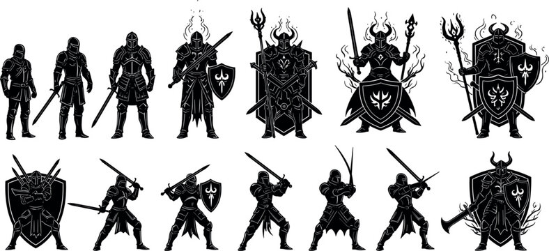 Dark fantasy knight silhouettes with flaming shields swords and battle poses medieval warrior vector illustration set