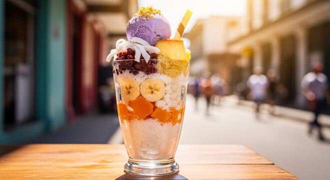 Tall halo-halo parfait with ube ice cream, banana, beans, flan, and shaved ice on a sunny street