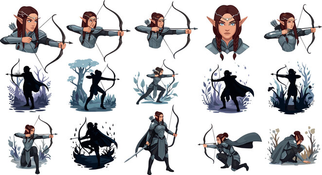 Fantasy elf archer character collection with female warrior poses bow aiming shooting and forest scenes vector illustration set