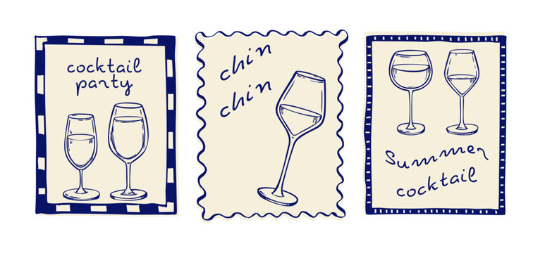 Cocktail party posters with alcohol glasses in abstract doodle frames. Vector illustration of vintage party invitation cards, poster design with wine drinks, outline border decoration