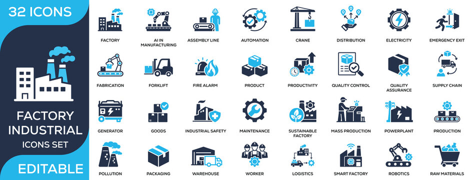 Factory industrial solid icon set featuring manufacturing, machinery, automation, logistics, warehouse, production, and quality control. Flat vector icons for industry and factory operations.