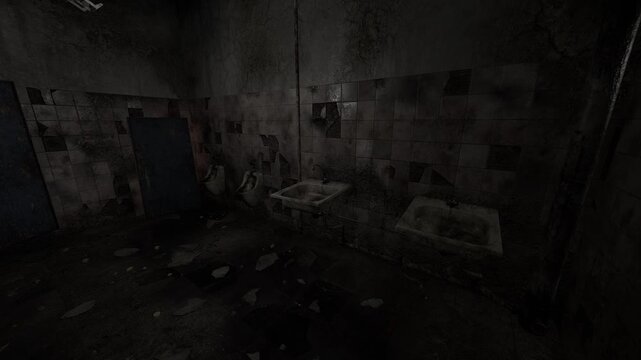 Dark, unsettling restroom features cracked tiles and broken sinks, illuminated faintly by a dim light. Debris covers the floor, creating an eerie atmosphere of neglect.