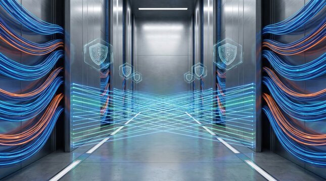 Secure server corridor with protected data streams and digital defense barrier showcasing hybrid secure infrastructure and cyber resilience