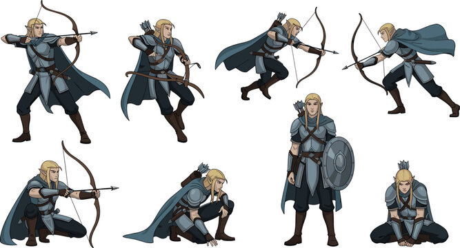 Fantasy elf warrior archer poses with bow and shield medieval character actions game design vector illustration set
