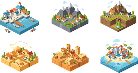 Isometric Landscapes Set Featuring Coastal Village Mountain Town Desert City Tropical Island and Countryside Scenes for Travel Environment Illustration Collection © MdMehedi