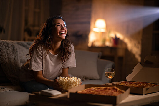 Young woman laughing on couch during cozy movie night, holding a bowl of popcorn with pizza boxes and a glass of white wine under projector light