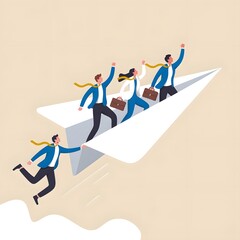 Fototapeta premium Business team riding paper airplane to success