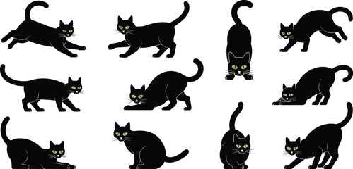 Black cat silhouette set with green eyes playful poses Halloween feline vector illustration collection isolated © Nur