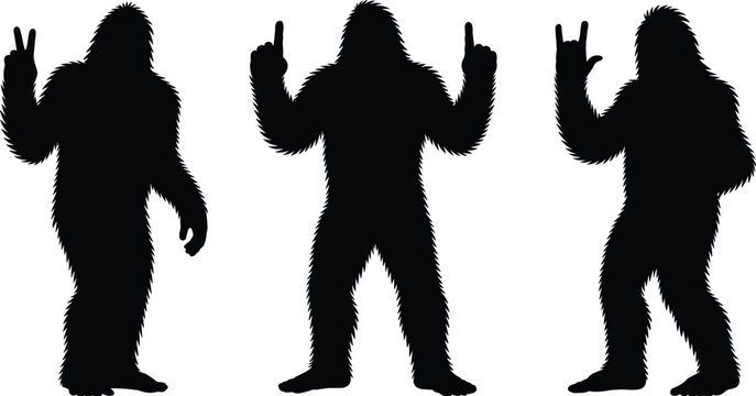 Bigfoot silhouettes with hand gestures isolated black sasquatch vector illustration set
