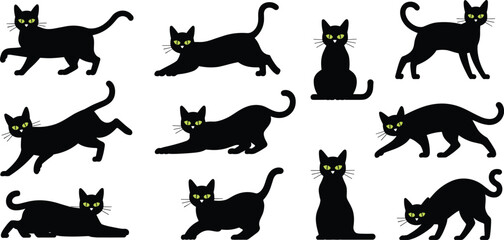 Black cat silhouettes with green eyes set playful poses Halloween feline pet vector illustration collection © Nur