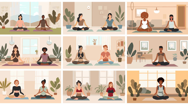 A serene illustration of a woman meditating with her cat, evoking calmness and well-being. Ideal for content related to mindfulness, pet companionship