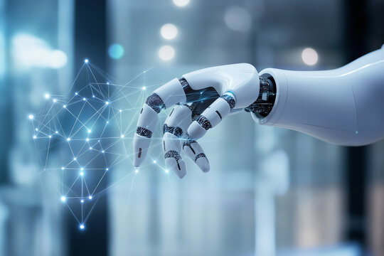 Hands of robot touch on IoT network and connected devices, smart automation, real-time monitoring, predictive analytics, cloud computing, data integration, intelligent systems for modern industries