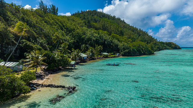 Aerial view of Aukena island coastline in Gambier archipelago French Polynesia