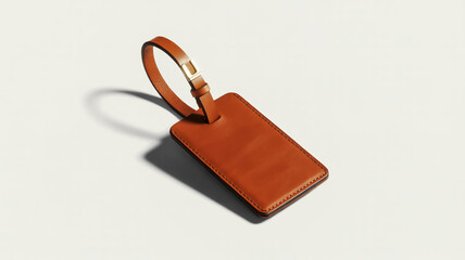 Fototapeta premium A high-quality professional product photograph of a simple, elegant, and durable brown leather luggage tag with a strap against a clean white background, casting a soft shadow