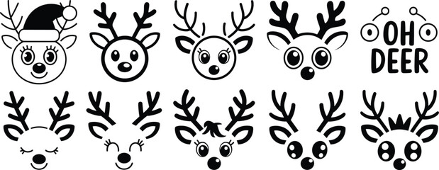 Cute christmas reindeer faces set with antlers, santa hat and oh deer text kawaii vector illustration for holiday design © Nur