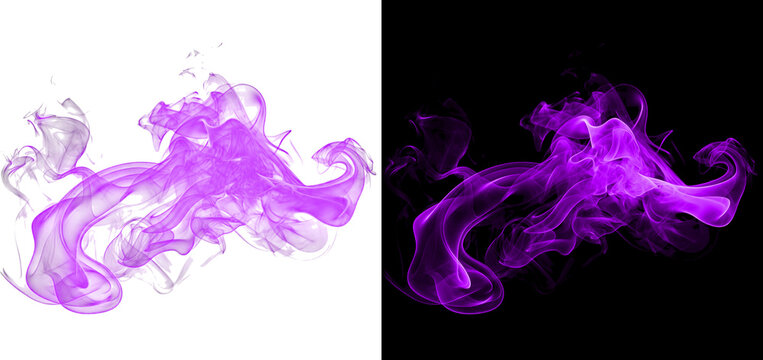 Mystical purple smoke plume with transparent and black background set