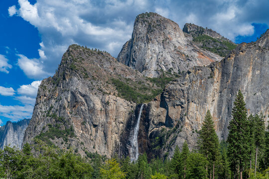 Bridalveil Fall and granite cliffs in Yosemite National Park California
