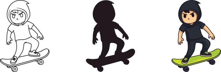 Cartoon boy in different styles riding skateboard on white background © DesignVirtuoso