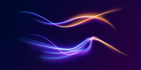 Obraz premium Twisting light wave glows with vibrant colors, forming dynamic curves and soft particle trails. Subtle blur enhances movement. The effect appears vivid and futuristic.