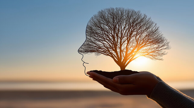 Hands holding a head silhouette with a tree of life growing inside, mental health and growth concept, nature and psychology symbolism, with copy space
