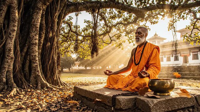 Elderly buddhist monk meditates peacefully in a golden sunbeam under an ancient sacred tree, near a serene traditional temple structure, embodying spiritual tranquility.