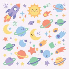 Fototapeta premium Cute Space Cartoon Vector Pattern, Kawaii Solar System Illustration with Planets, Rocket, Stars and Moon Seamless Design