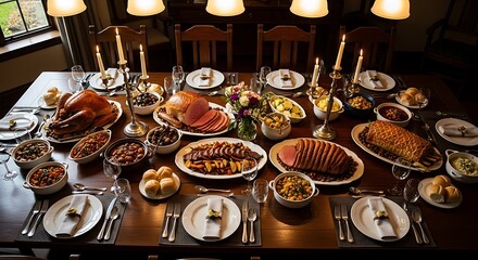 A festive thanksgiving dining table filled with roasted turkey, glazed ham, savory side dishes, and elegant candlelit decor illustration