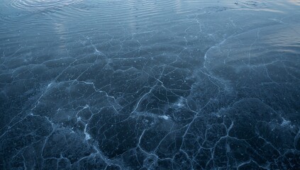 Naklejka premium Displaying frozen lake surface in close view, revealing cracks, frost, thin sheen and bubbles