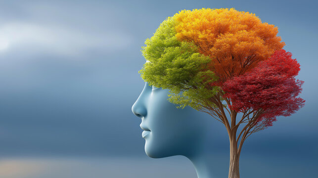 Colorful tree growing from a human mind illustration, mental health and positive thinking concept, personal development and self-esteem, creative brain visualization, with copy space