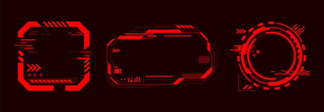 High tech hud interface with glowing red alert frames and futuristic holographic elements, abstract vector icons isolated on black background. Game ui design and cyber punk digital displays