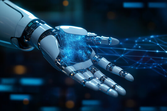 Hands of robot touch on quantum computing network and superposition processing, quantum algorithms, data encryption, high-speed calculation, advanced research, futuristic technology, AI integration