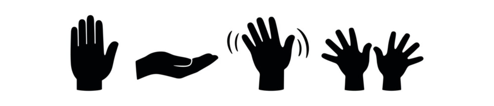 Black hand silhouette icons including open palm, offering hand, clapping motion and waving hands.