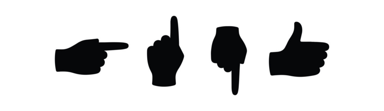 Black silhouette hand gesture icons including pointing left, index up, pointing down and thumbs up.