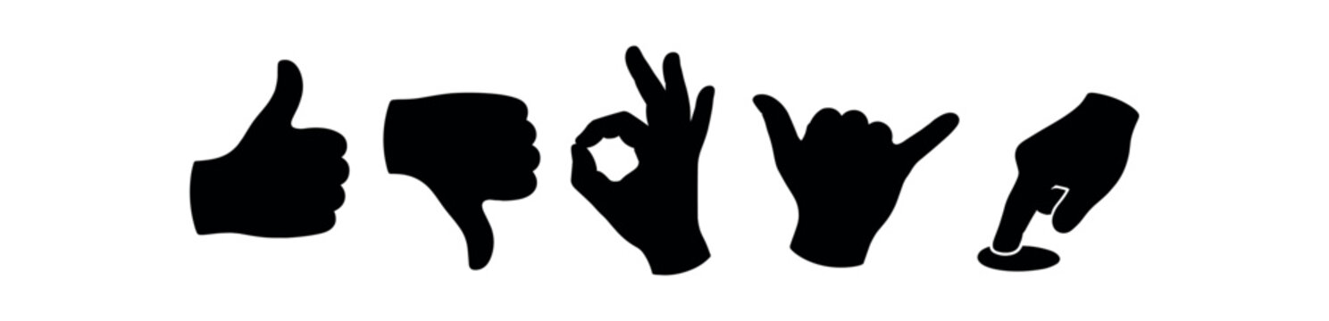 Row of hand gesture icons including thumbs up, thumbs down, okay, shaka and touch in silhouette and outline styles.