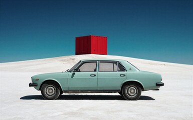 Obraz premium Vintage car parked in snowy field with red box on distant hill under