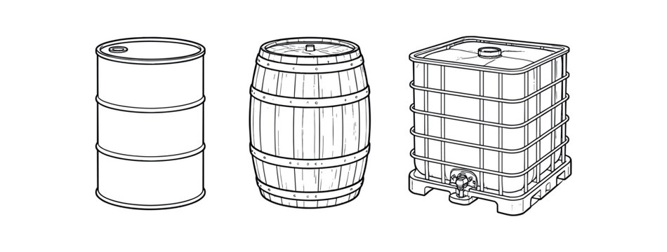 Black outline vector icons of a metal drum, wooden barrel, and ibc tote with pallet.