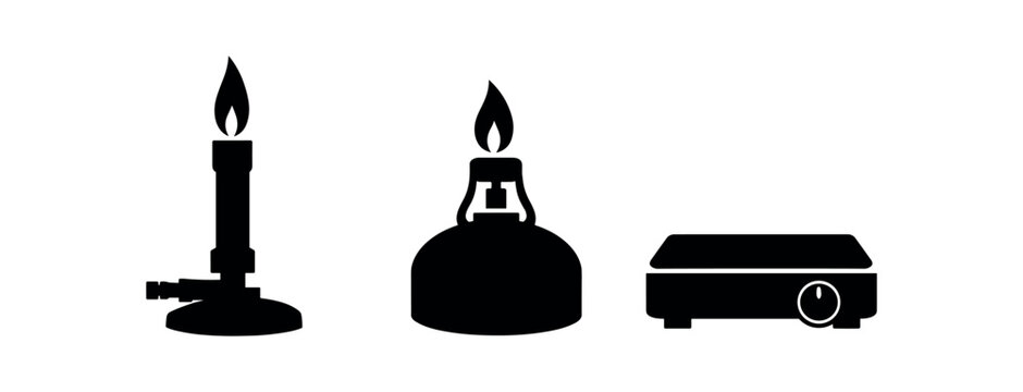 Black silhouette icons of a bunsen burner, spirit lamp, and hot plate