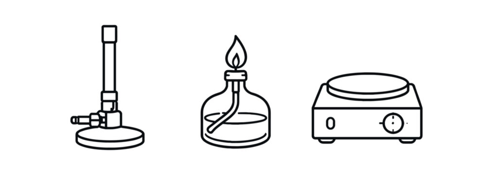 Line art outline icons of a bunsen burner, spirit lamp, and laboratory hot plate