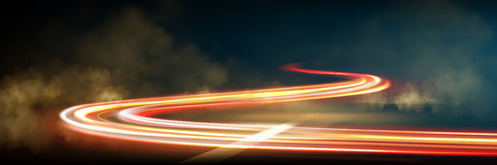 Dynamic road motion with neon light trails and speed effect at night, abstract vector background. Futuristic highway perspective with glowing orange energy lines, blur and smoke clouds © klyaksun