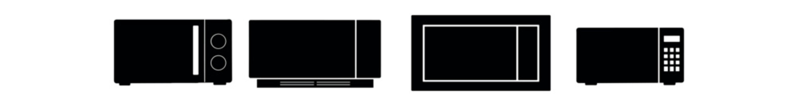 Black silhouette icons of four microwave ovens with different shapes